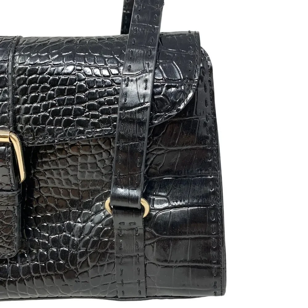 Liz Claiborne Black Faux Croc Embossed Shoulder Bag Buckle Flap Satchel Purse